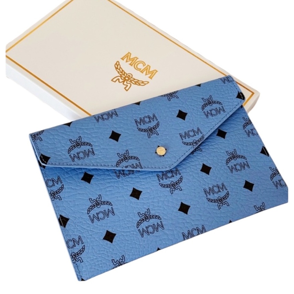 MCM Sky Blue Monogram Envelope Clutch In Box